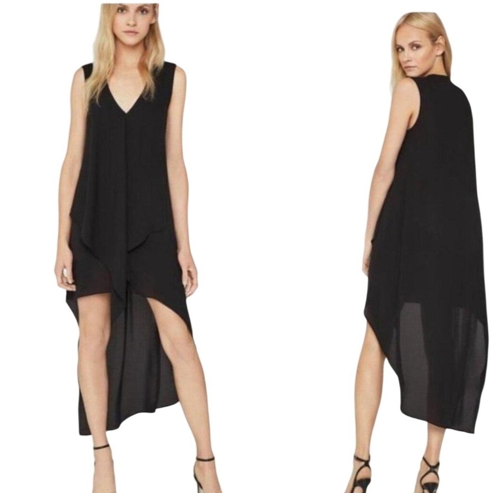 BCBGMAXAZRIA Womens Sleeveless Dress M Black Chiffon Asym Hi Low Ruffle Cocktail